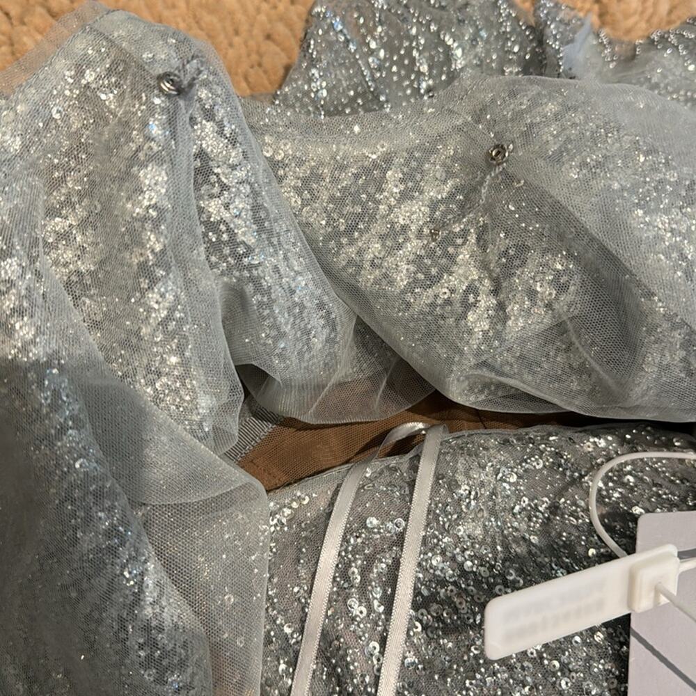 Marchesa Notte Strapless Beaded Glitter Maxi Column Gown w Caplet silver NEW - Picture 9 of 15